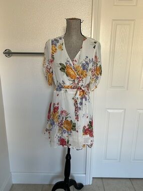 Reformation White Floral Wrap Mini Dress with Yellow Roses Used Good Condition